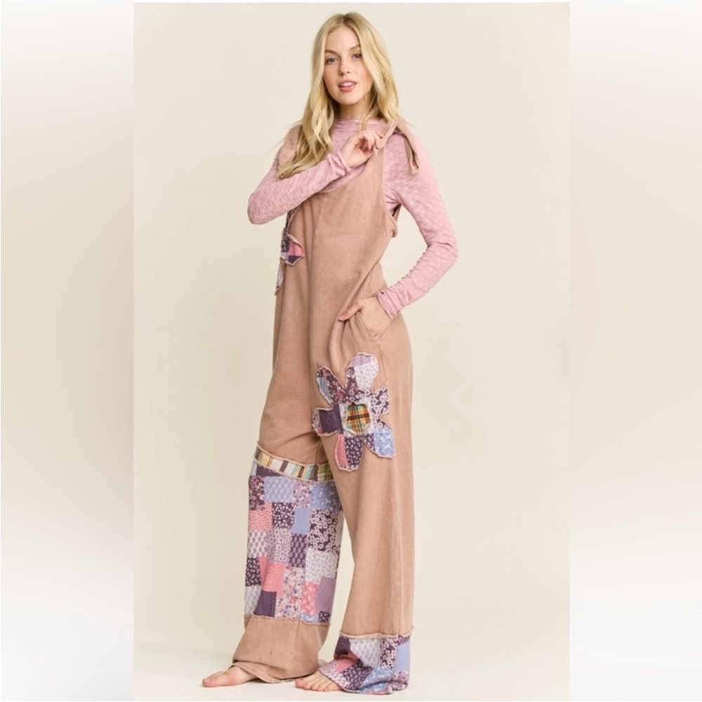 J.Her Patchwork Floral Wide-Leg Overalls Boho Festival NEW
